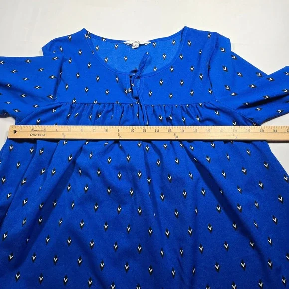 Jack womens babydoll large Blue Geometric Diamond Print Blouse Top  Long Slv - Picture 7 of 8